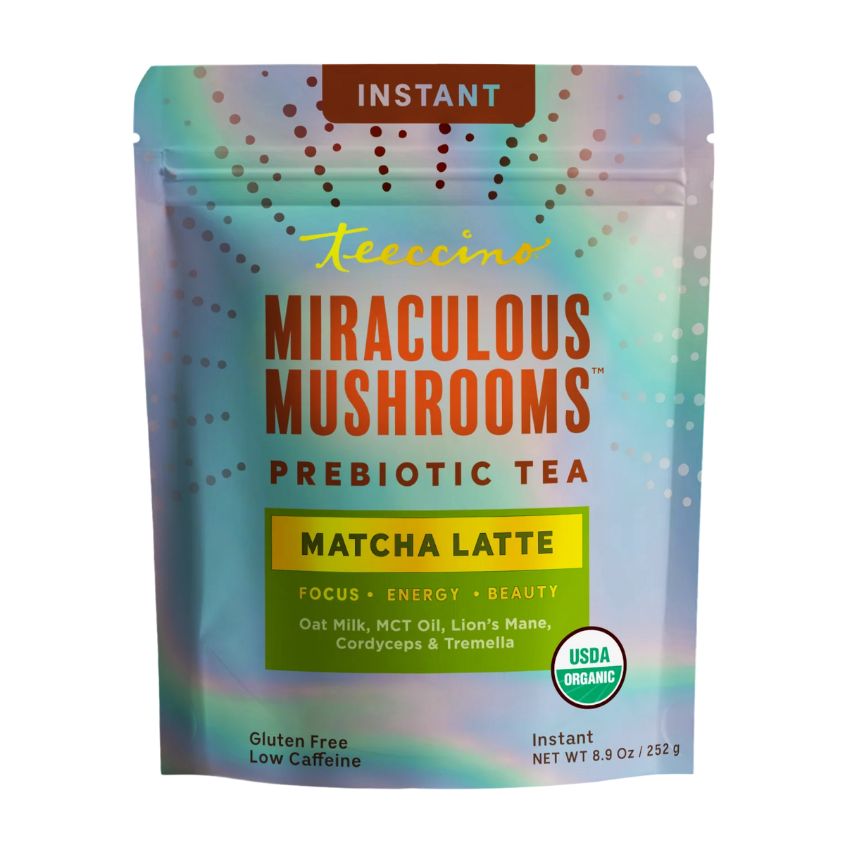 Teeccino Miraculous Mushrooms Matcha Latte tea pouch, prebiotic tea text on blue-green pack