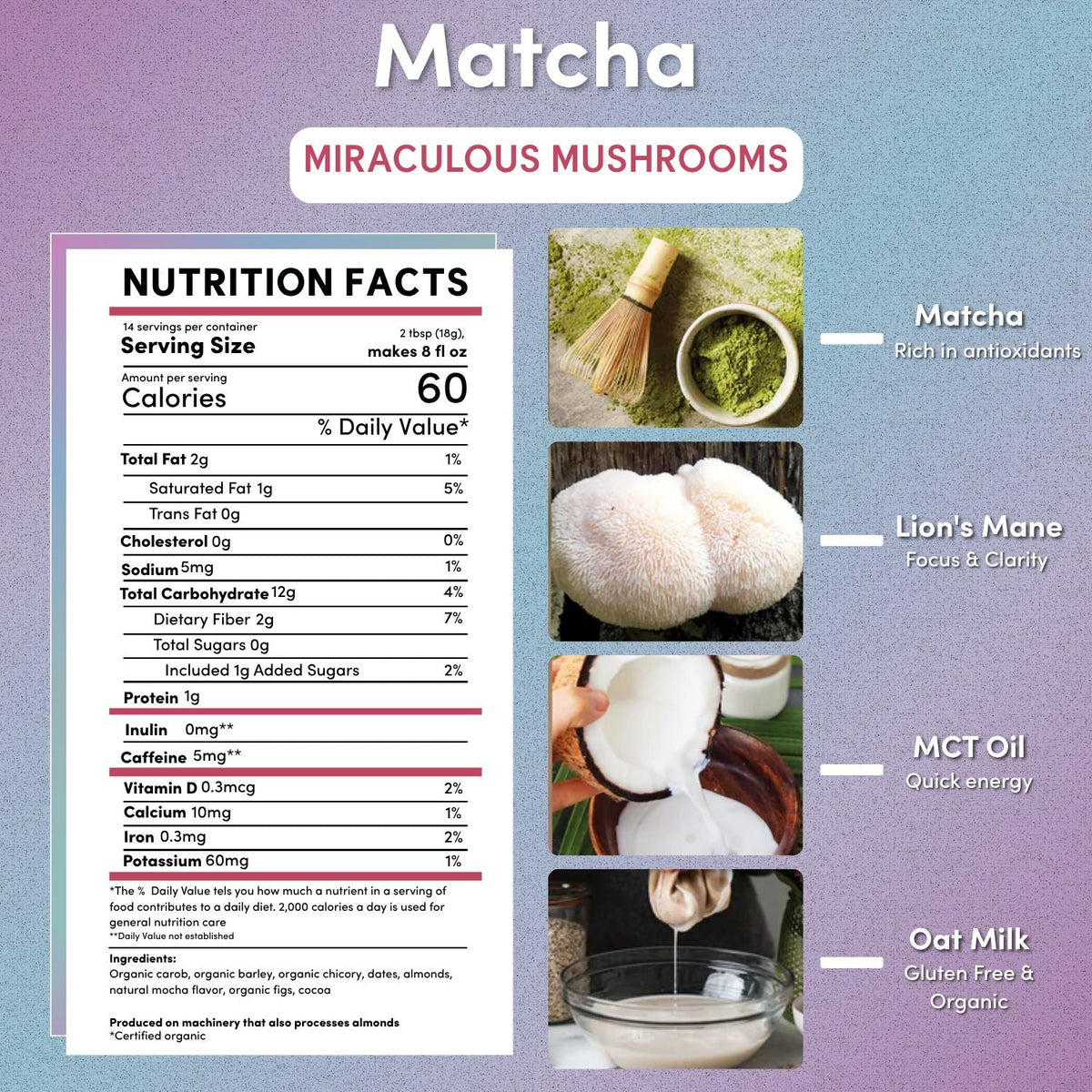 Matcha nutrition facts panel for Miraculous Mushrooms tea with ingredient pictures and icons