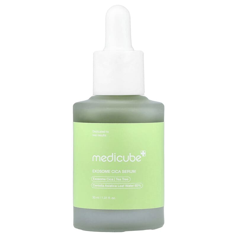 Medicube exosome cica serum bottle, translucent pump top, green glass