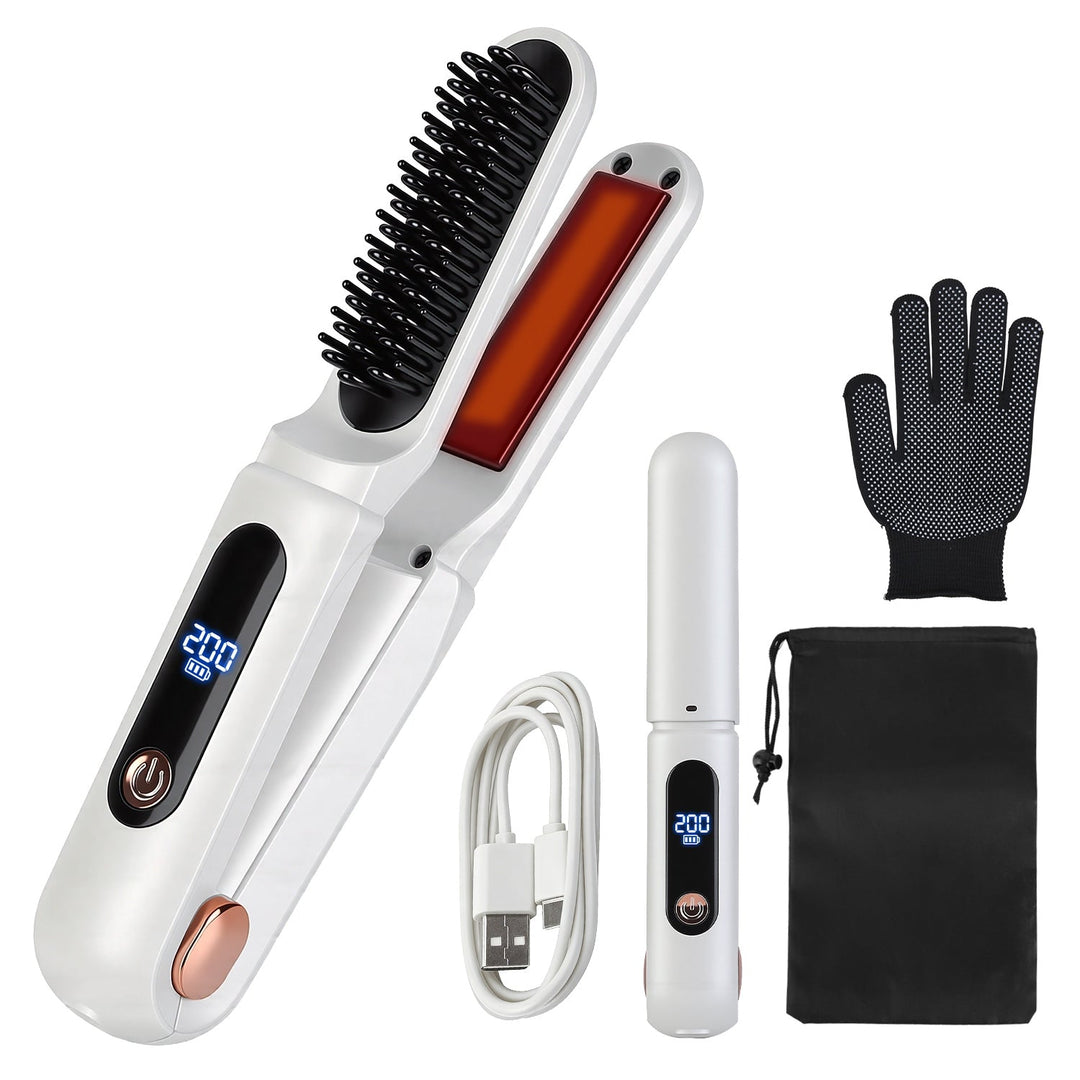 Cordless Hair Straightener Brush 2-in-1 Ceramic Flat Iron