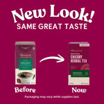 Packaging update graphic: two boxed teas labeled “Before” and “Now” on a maroon background.