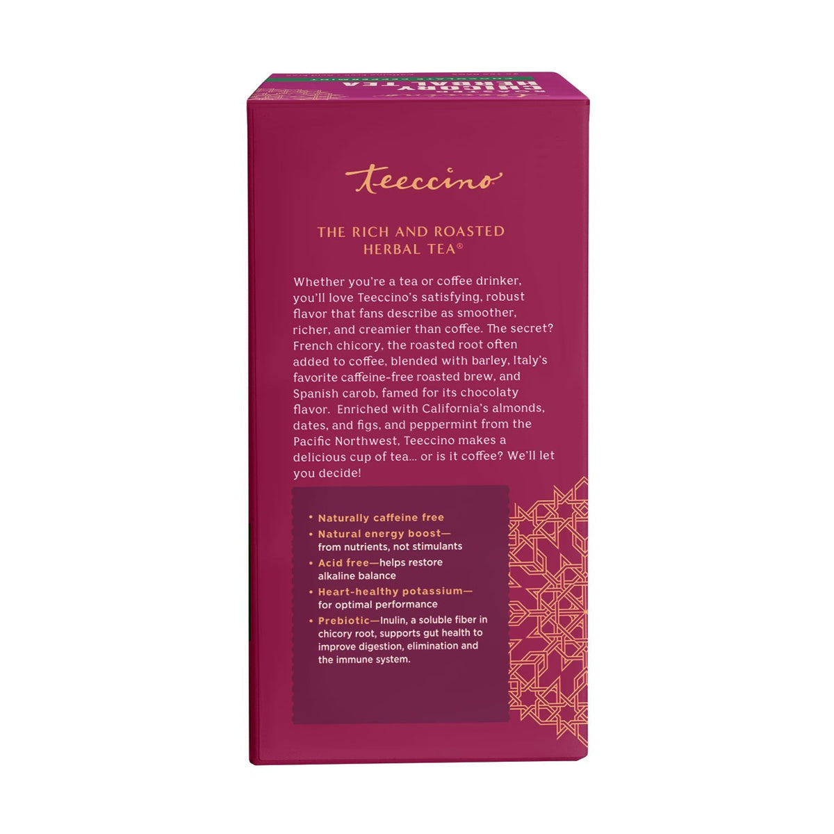 Roasted herbal tea box back panel with text and decorative icon near the bottom.