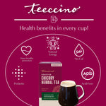 Health benefits graphic showing a roasted herbal tea box with “No-Caf” and “Acid-Free” icons.