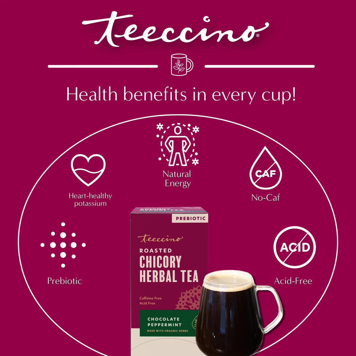 Health benefits graphic showing a roasted herbal tea box with “No-Caf” and “Acid-Free” icons.
