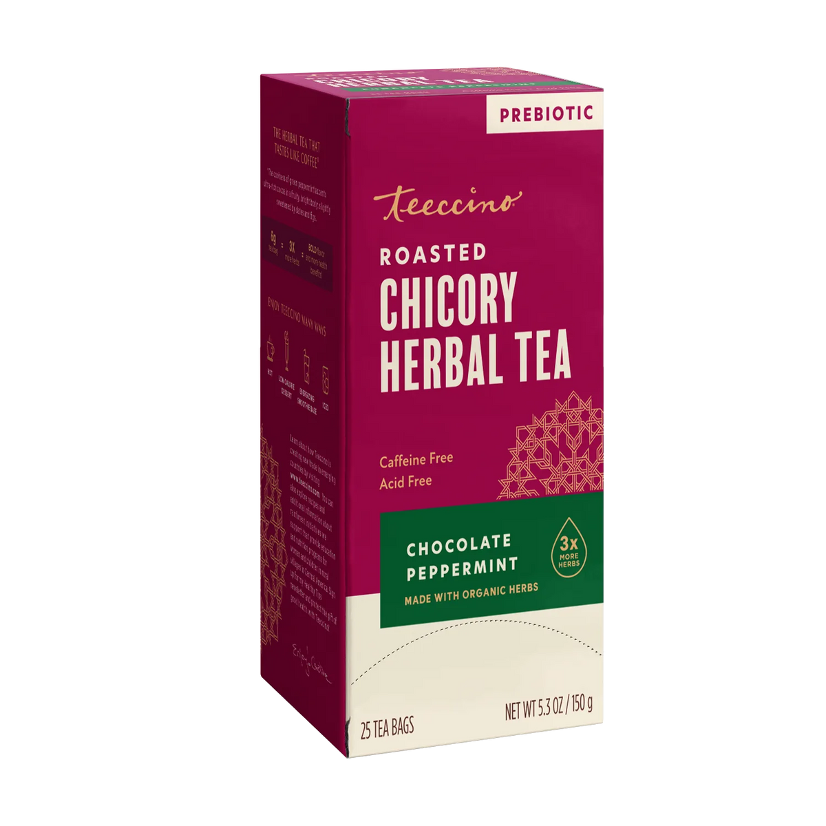 Roasted herbal tea box side panel, maroon with “Chocolate Peppermint” label and 25 tea bags.