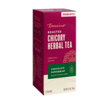 Roasted herbal tea box side panel, maroon with “Chocolate Peppermint” label and 25 tea bags.