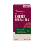 Roasted herbal tea box, maroon front with “Chocolate Peppermint” label and “3x more” seal.