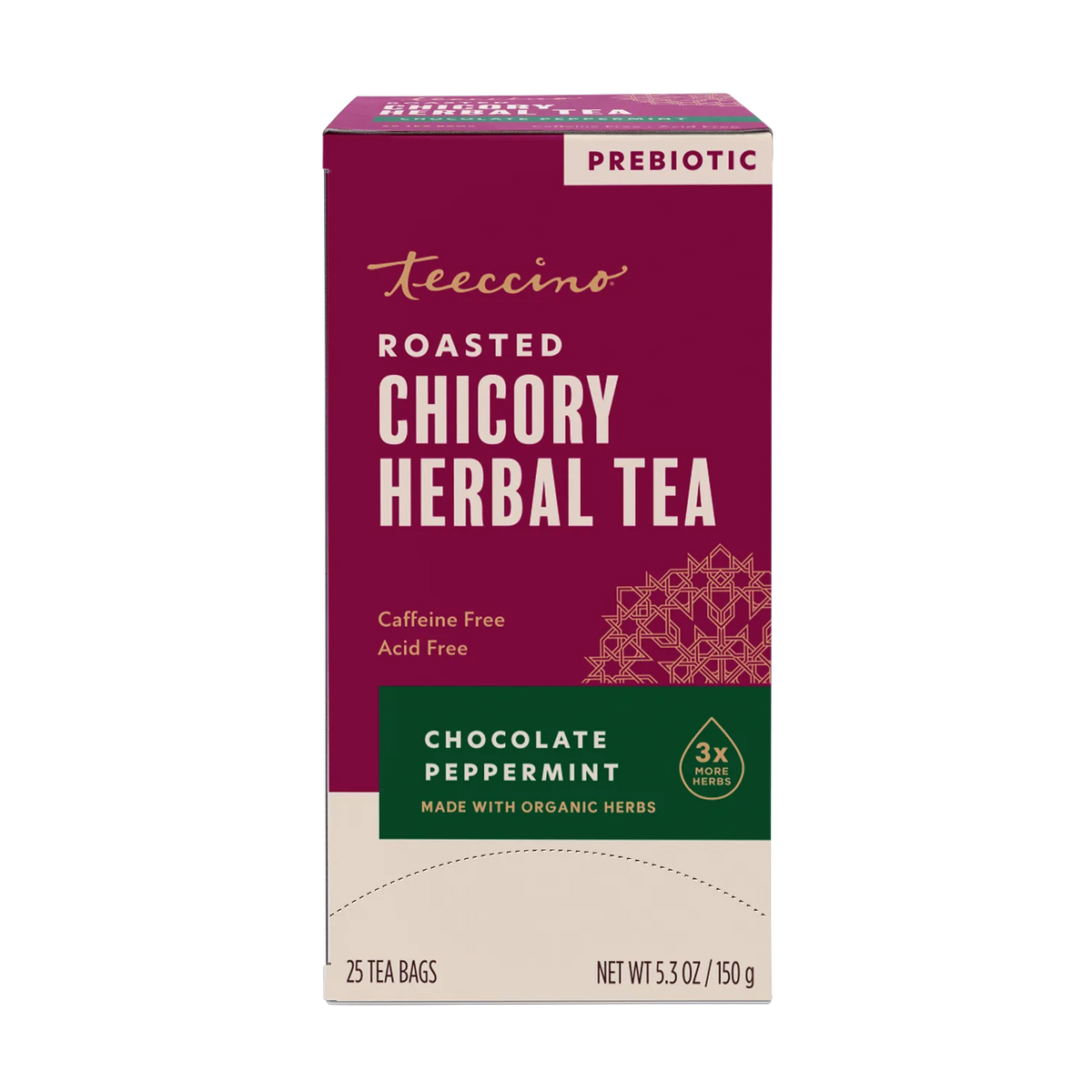 Roasted herbal tea box, maroon front with “Chocolate Peppermint” label and “3x more” seal.