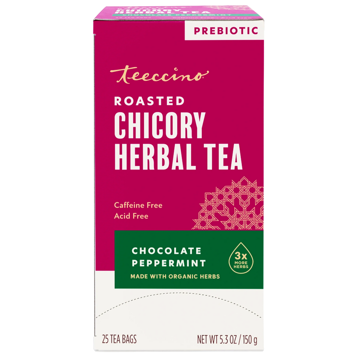 Roasted herbal tea box, maroon with “Chocolate Peppermint” label and 25 tea bags.