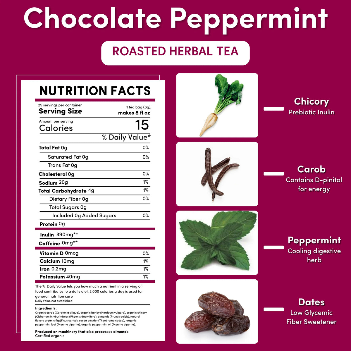 Nutrition facts graphic for chocolate peppermint roasted herbal tea with ingredient icons.