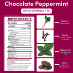 Nutrition facts graphic for chocolate peppermint roasted herbal tea with ingredient icons.