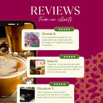 Herbal tea packaging with customer review cards over a maroon graphic background.