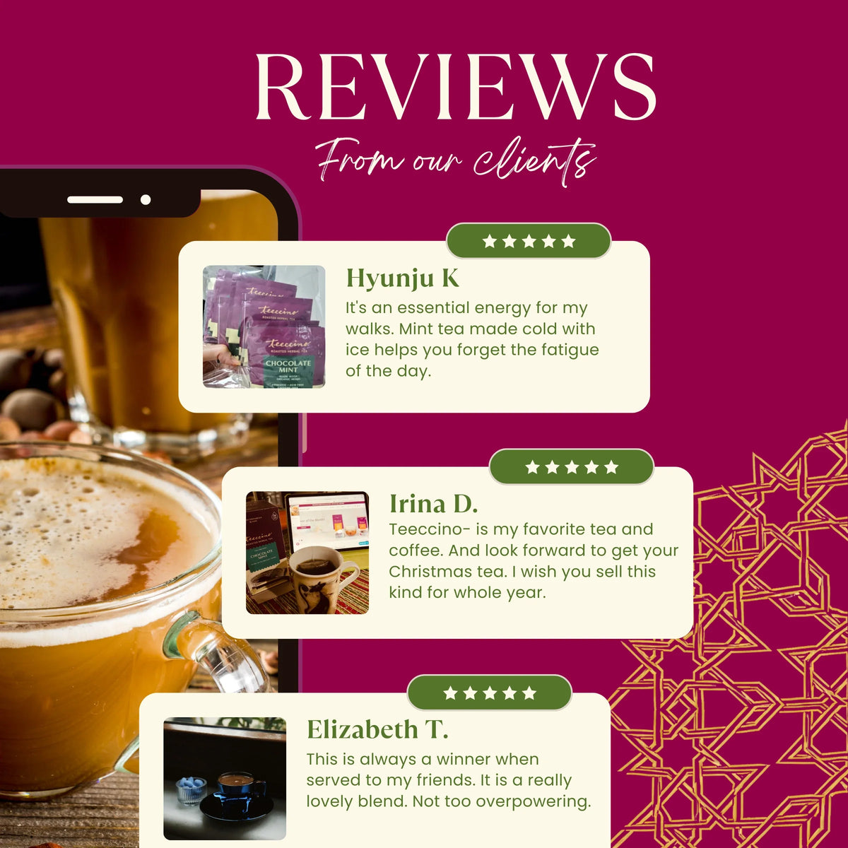 Herbal tea packaging with customer review cards over a maroon graphic background.