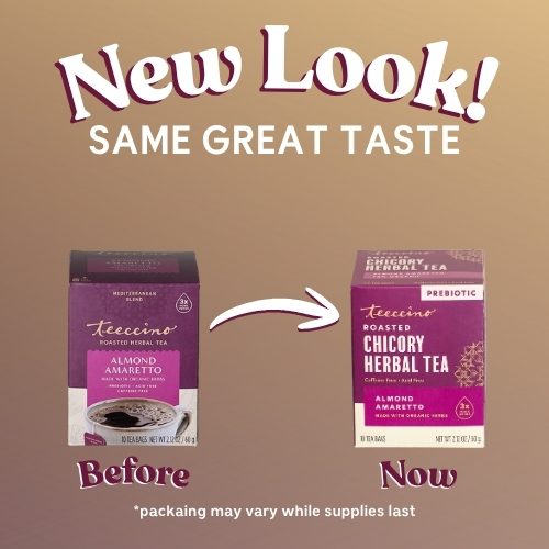 Teecino roasted chicory herbal tea packaging update graphic, showing before and now boxes.