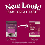 Almond Amaretto roasted herbal tea packaging shown as before-and-after new look