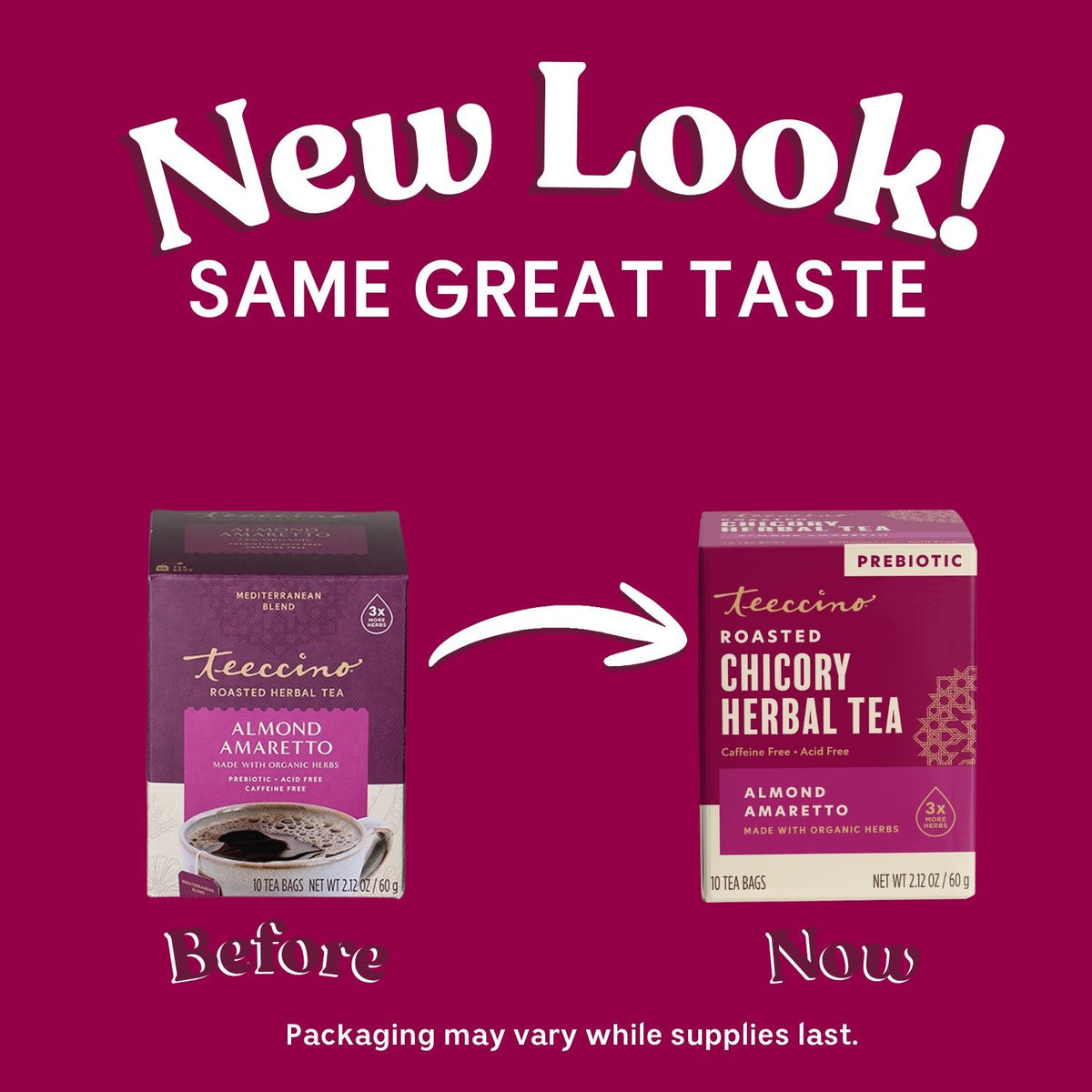Almond Amaretto roasted herbal tea packaging shown as before-and-after new look