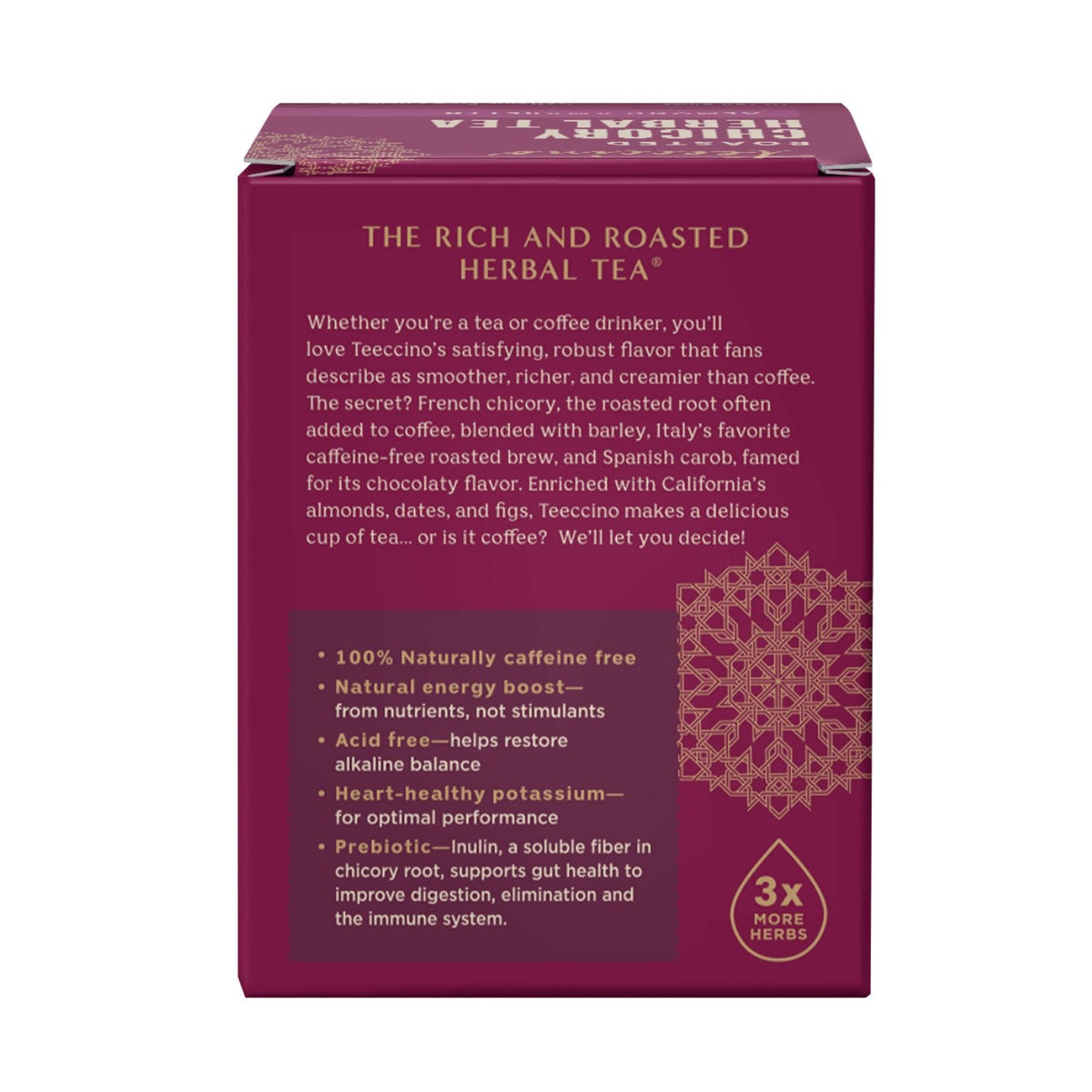 Almond Amaretto roasted herbal tea box back panel with ingredients and benefits list