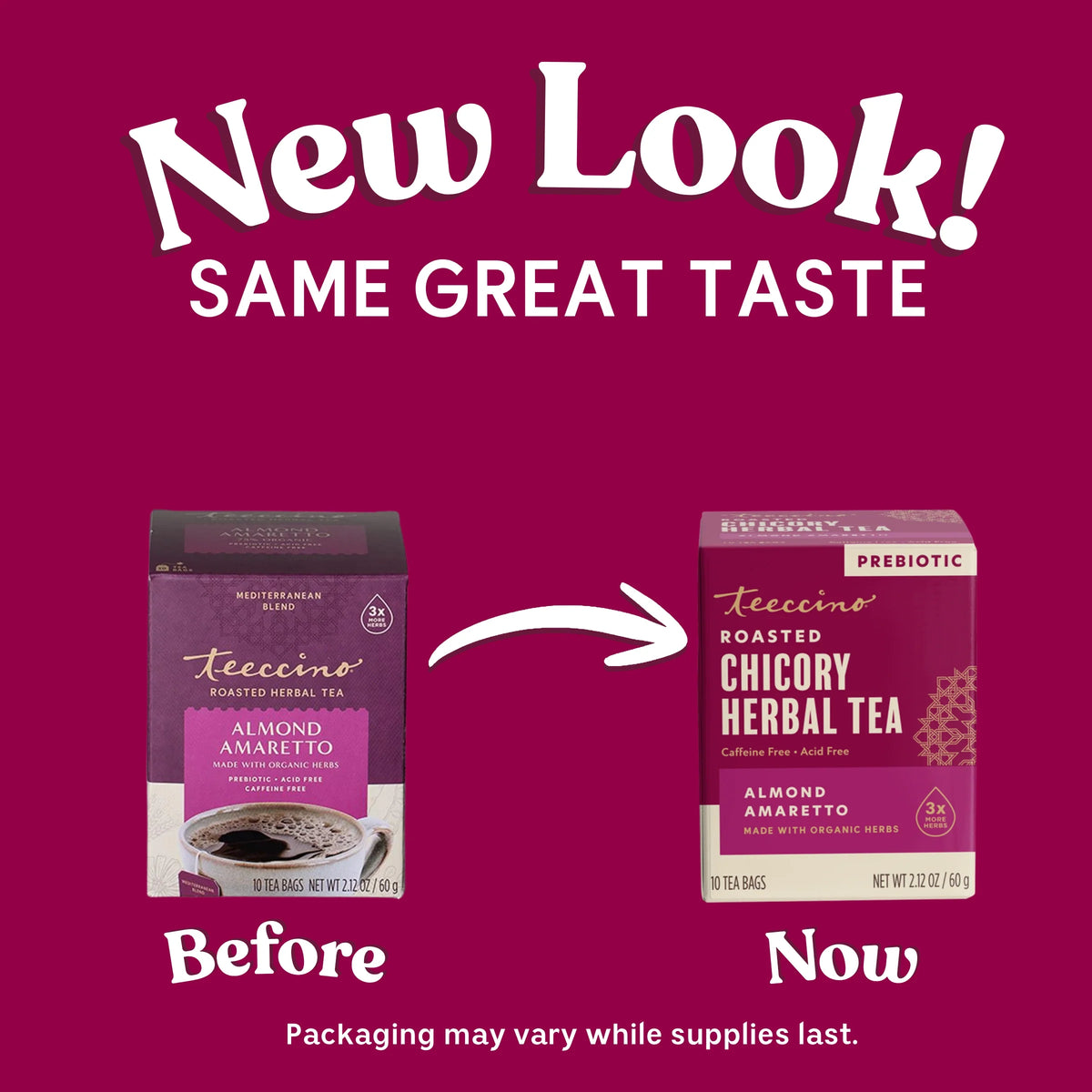 Before and now packaging comparison for Teeccino almond amaretto roasted herbal tea