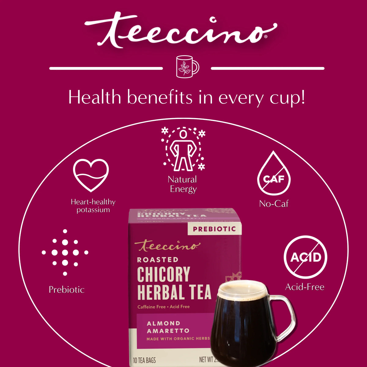 Almond amaretto roasted chicory herbal tea benefits graphic with cup and icons