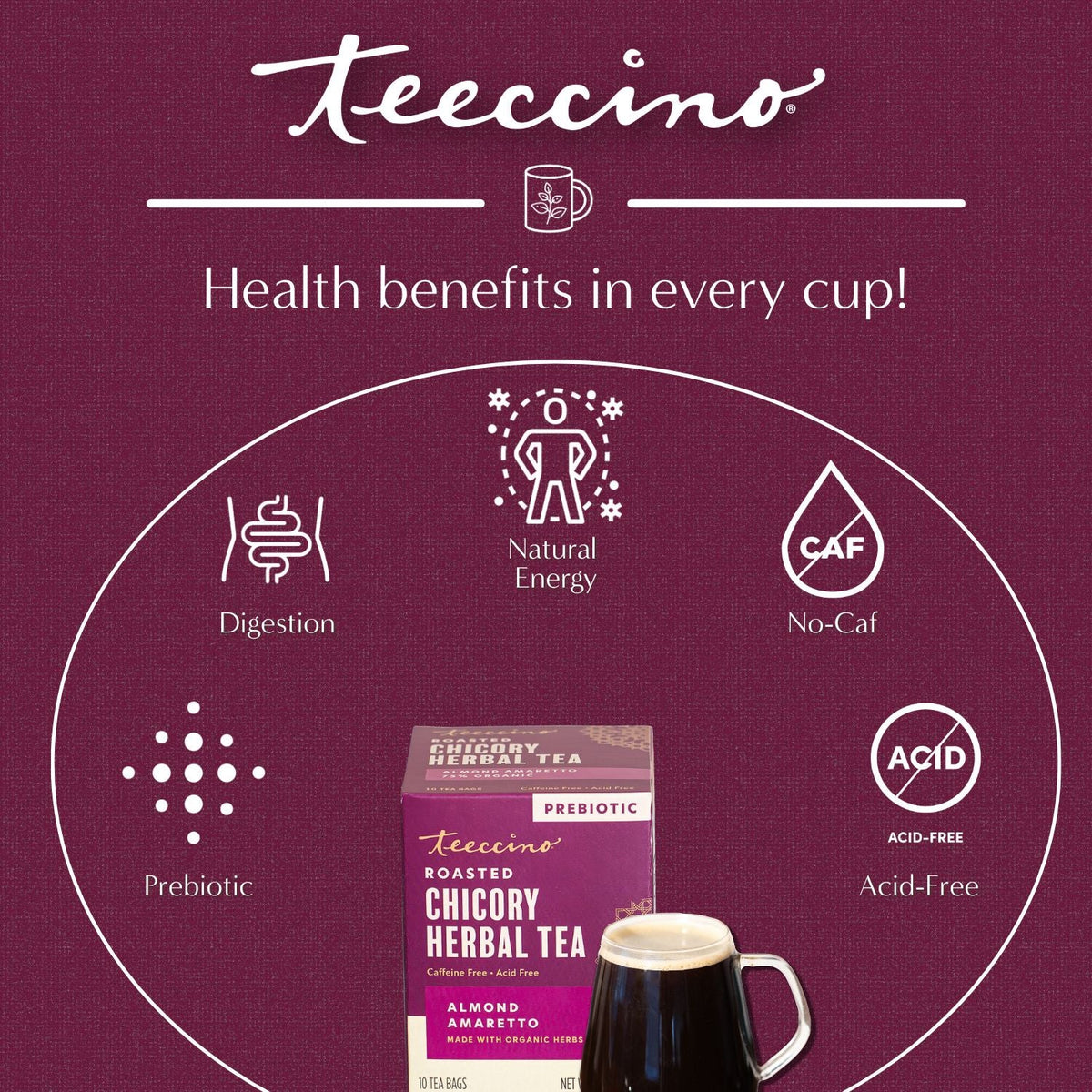 Teecino roasted chicory herbal tea health benefits graphic with cup and product box.