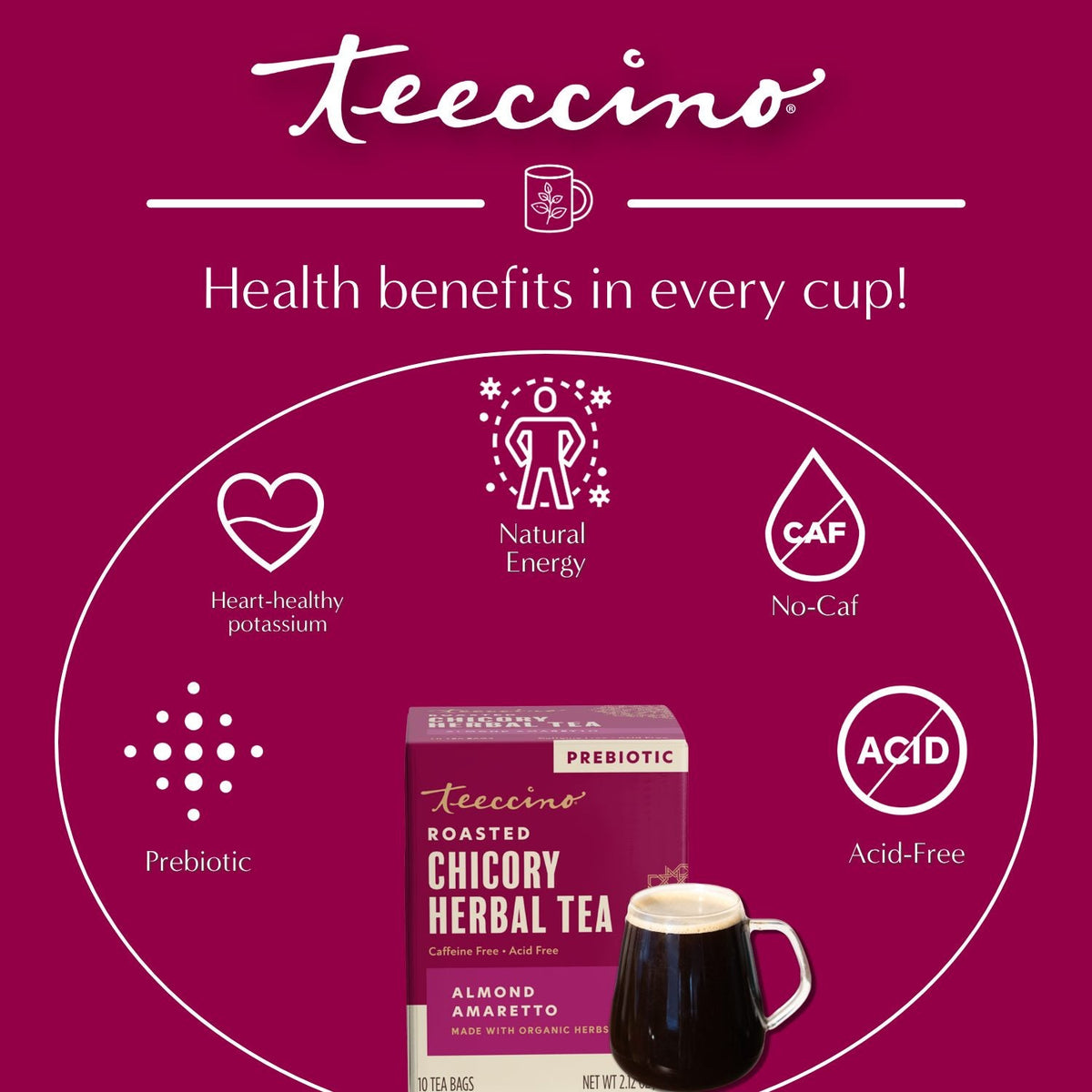 Almond Amaretto roasted herbal tea packaging with health benefit icons and mug graphic