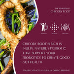 Chicory root benefits graphic with root illustration and icons for immunity and digestion.