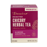 Almond Amaretto roasted herbal tea box angled view with PREBIOTIC and 3x more herbs badge