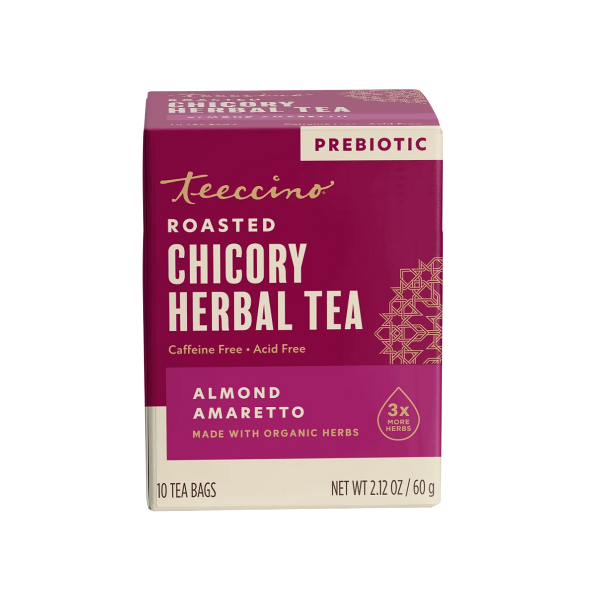 Teeccino roasted chicory herbal tea box, almond amaretto, prebiotic