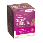 Teecino roasted chicory herbal tea box angled view, almond amaretto, prebiotic, 10 tea bags.