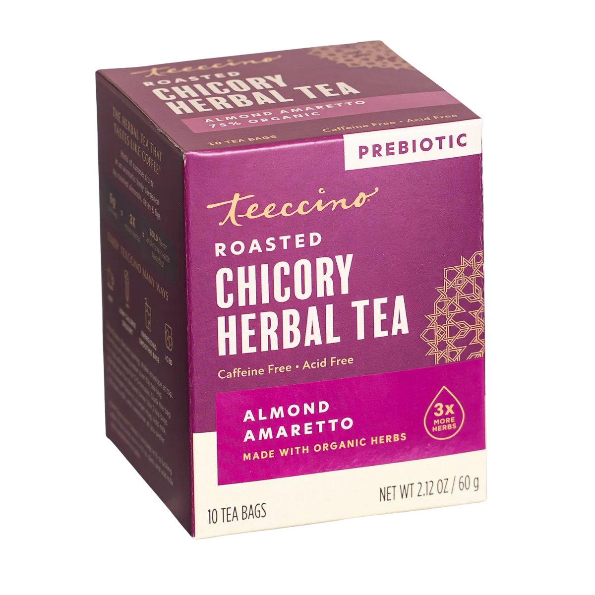 Teecino roasted chicory herbal tea box angled view, almond amaretto, prebiotic, 10 tea bags.