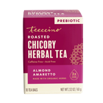 Teecino roasted chicory herbal tea box showing almond amaretto flavor and prebiotic label.