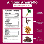 Nutrition facts panel for almond amaretto roasted herbal tea with ingredients icons