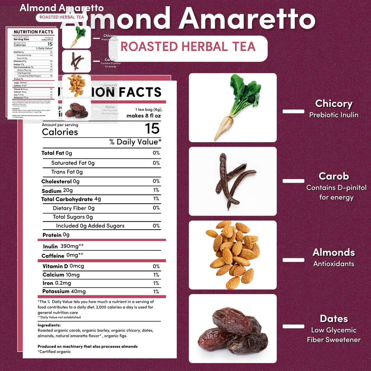 Almond amaretto roasted herbal tea nutrition facts panel with ingredient icons and serving data.