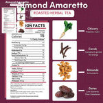 Almond amaretto roasted herbal tea nutrition facts panel with ingredient icons and serving data.