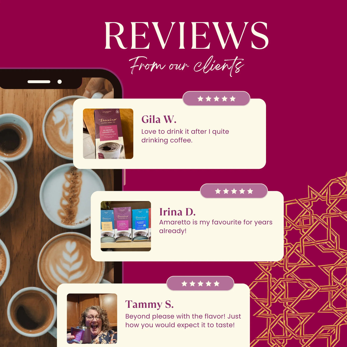 Teecino roasted chicory herbal tea customer reviews screen with rating stars and pack shots.