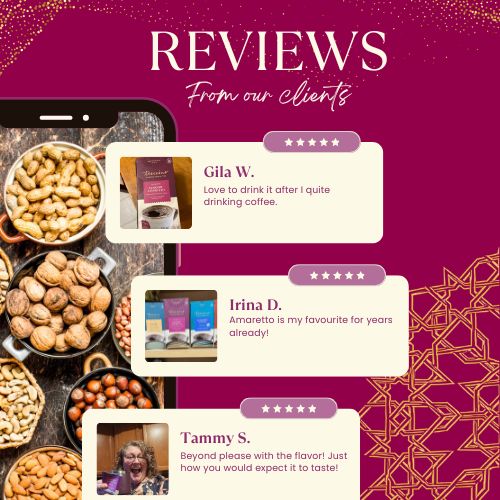 Almond Amaretto roasted herbal tea box with review cards and rating stars