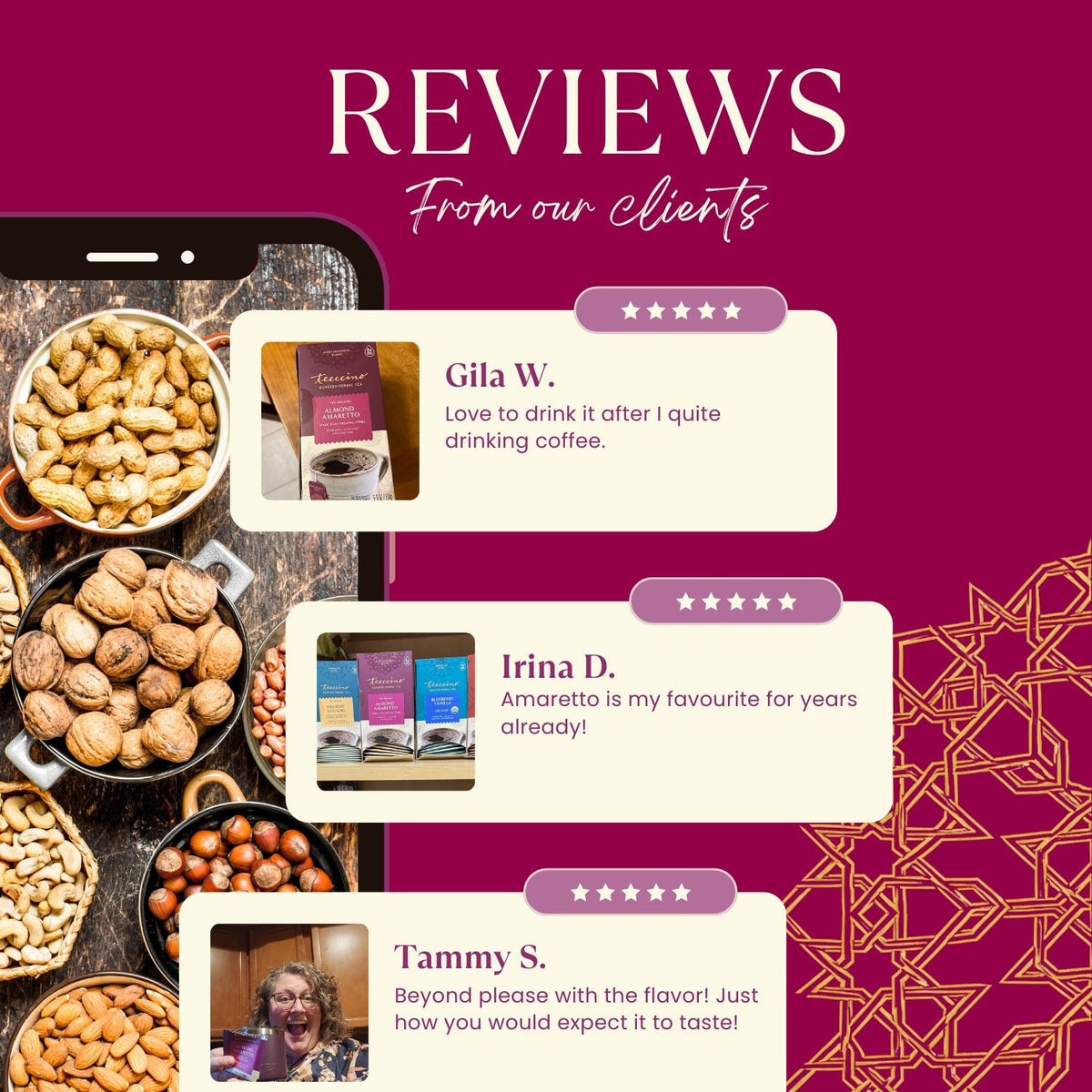 Herbal tea reviews collage with pouch and tea product cards