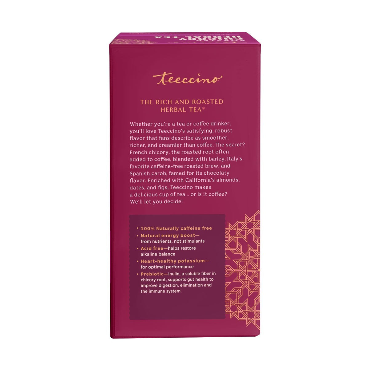 Almond Amaretto roasted herbal tea box side panel with rich and roasted herbal tea description