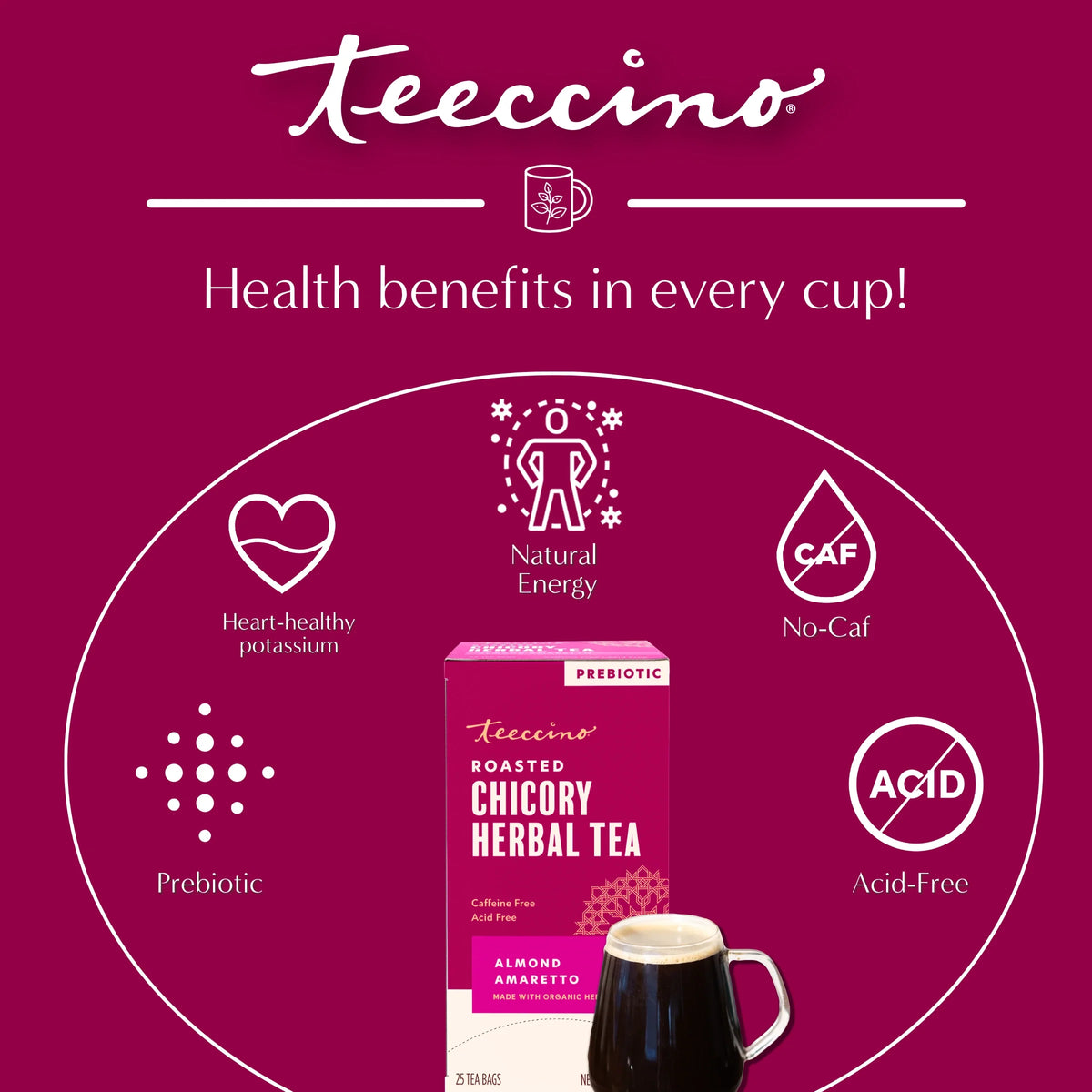 Almond amaretto roasted chicory herbal tea benefits graphic with cup and energy icons