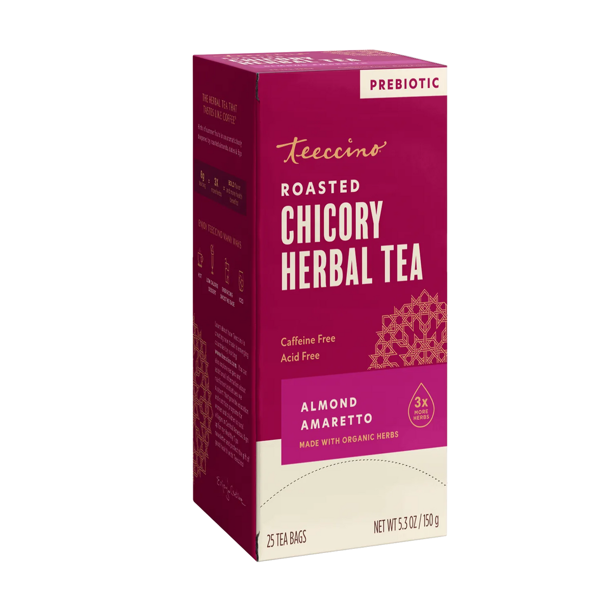 Almond Amaretto roasted herbal tea box front panel with PREBIOTIC label