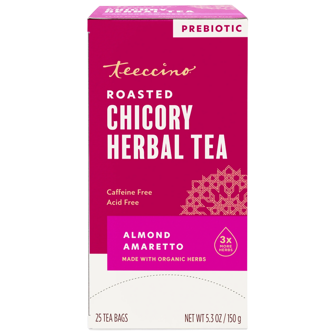 Teecino roasted chicory herbal tea box, almond amaretto, prebiotic, caffeine-free.