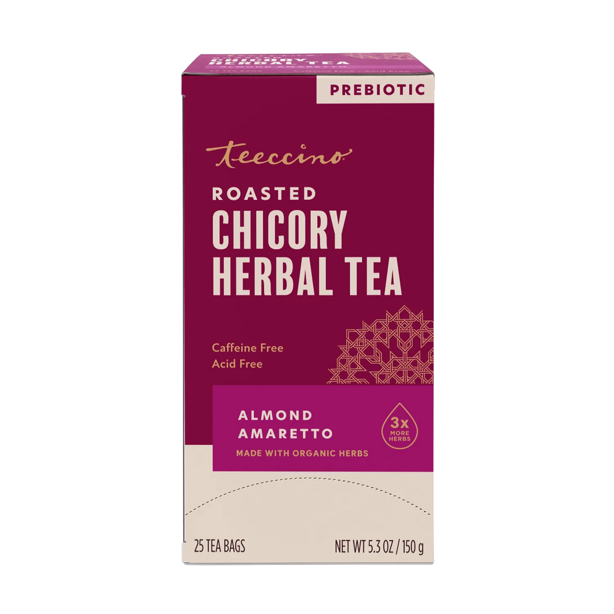 Box of Teeccino roasted chicory herbal tea, almond amaretto flavor, prebiotic