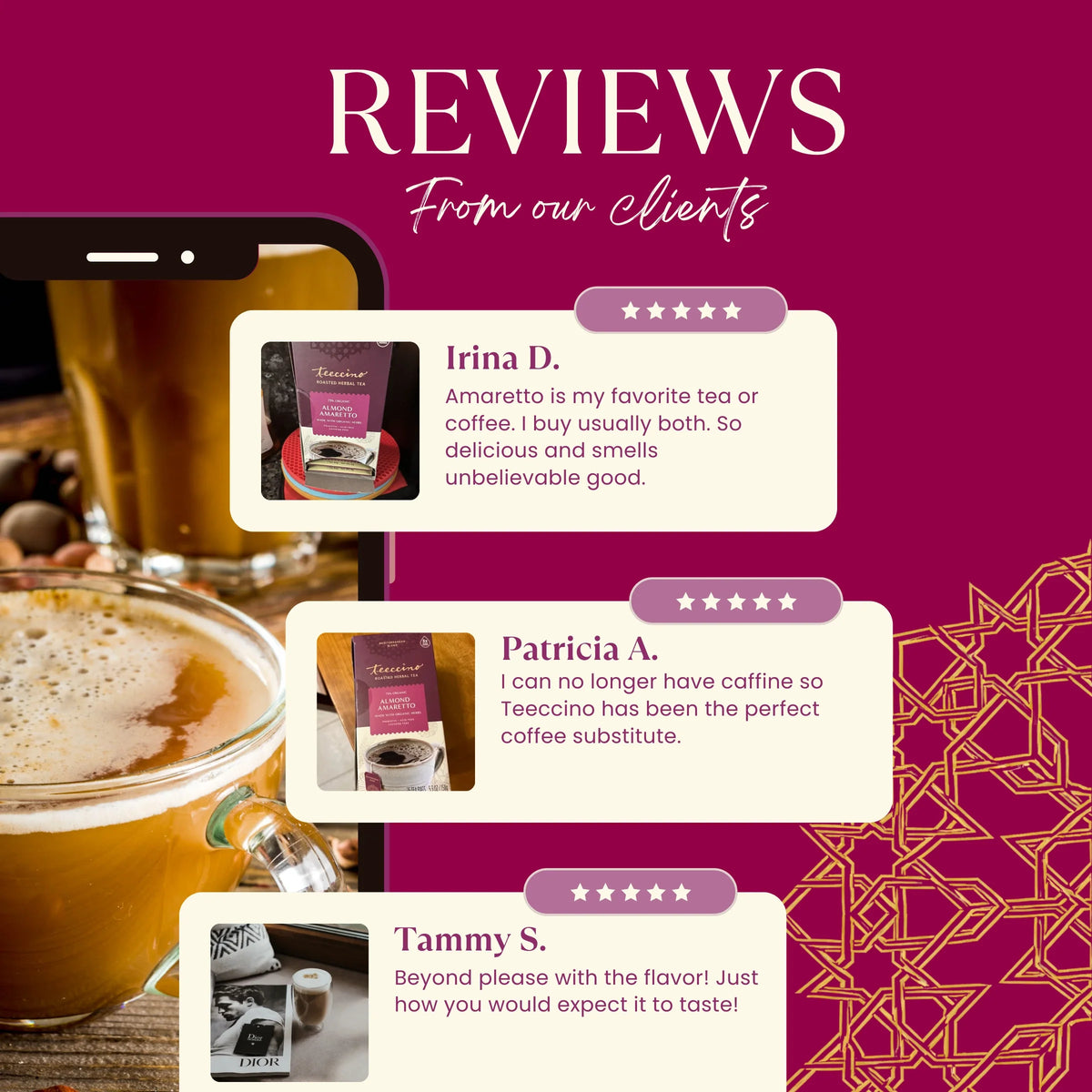 Teecino roasted chicory herbal tea customer reviews with ratings and product pack images.