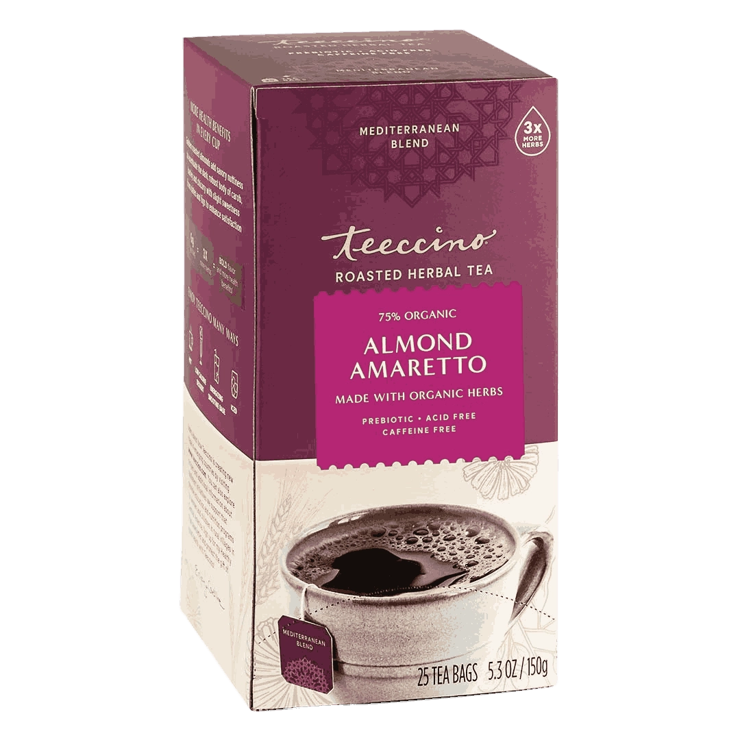 Almond Amaretto roasted herbal tea box side view, maroon and white design