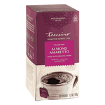 Almond Amaretto roasted herbal tea box side view, maroon and white design