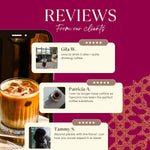 Roasted herbal tea box with customer reviews overlay and star rating bubbles