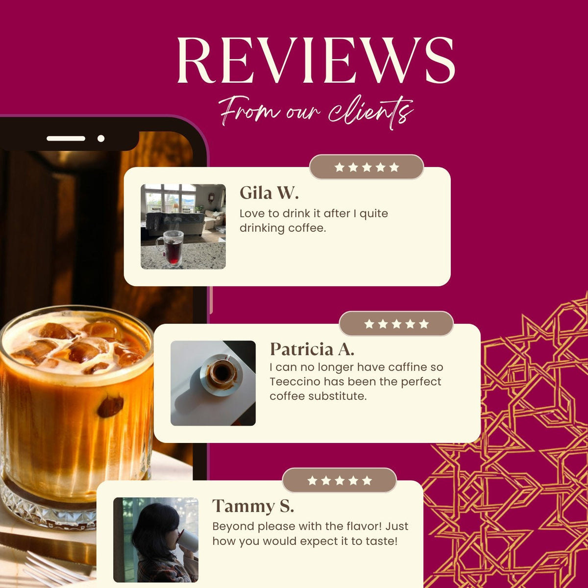 Roasted herbal tea box with customer reviews overlay and star rating bubbles