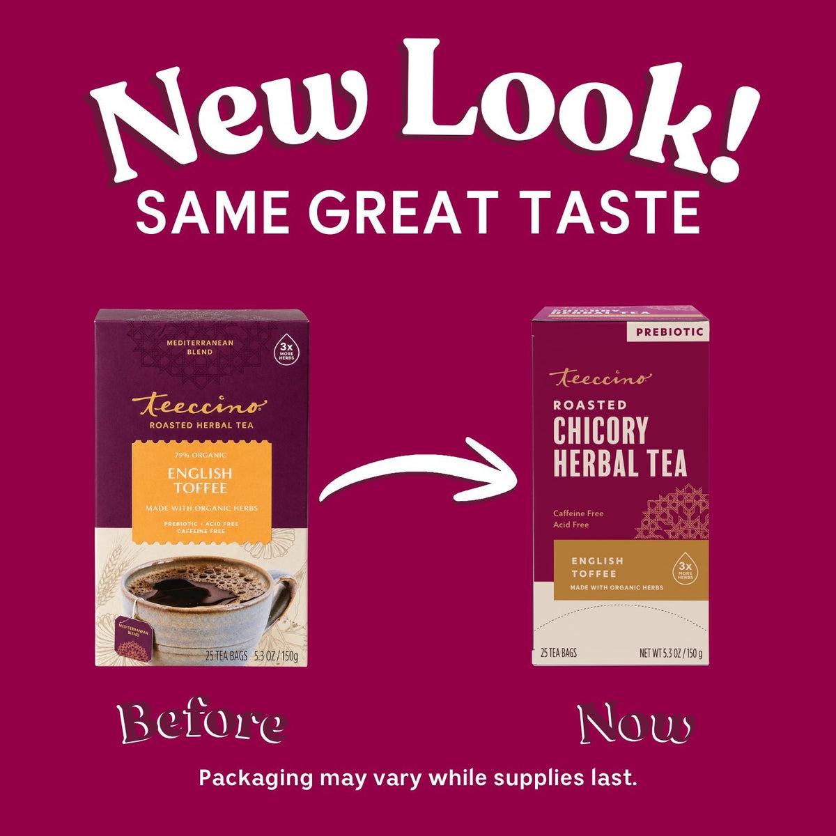 Two Teeccino herbal tea boxes side by side: English Toffee and roasted chicory
