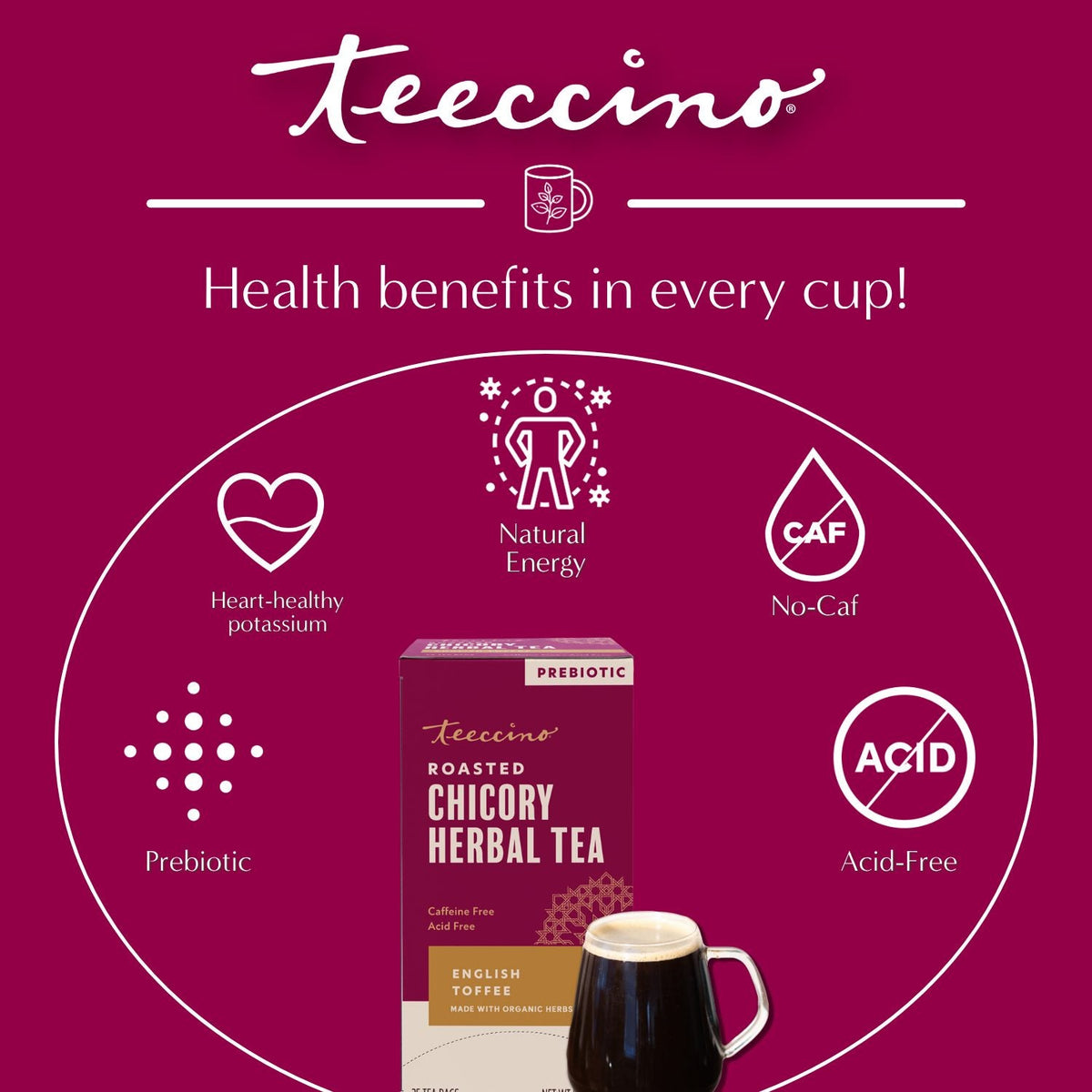 Teeccino English Toffee roasted herbal tea box with mug, prebiotic, caffeine-free