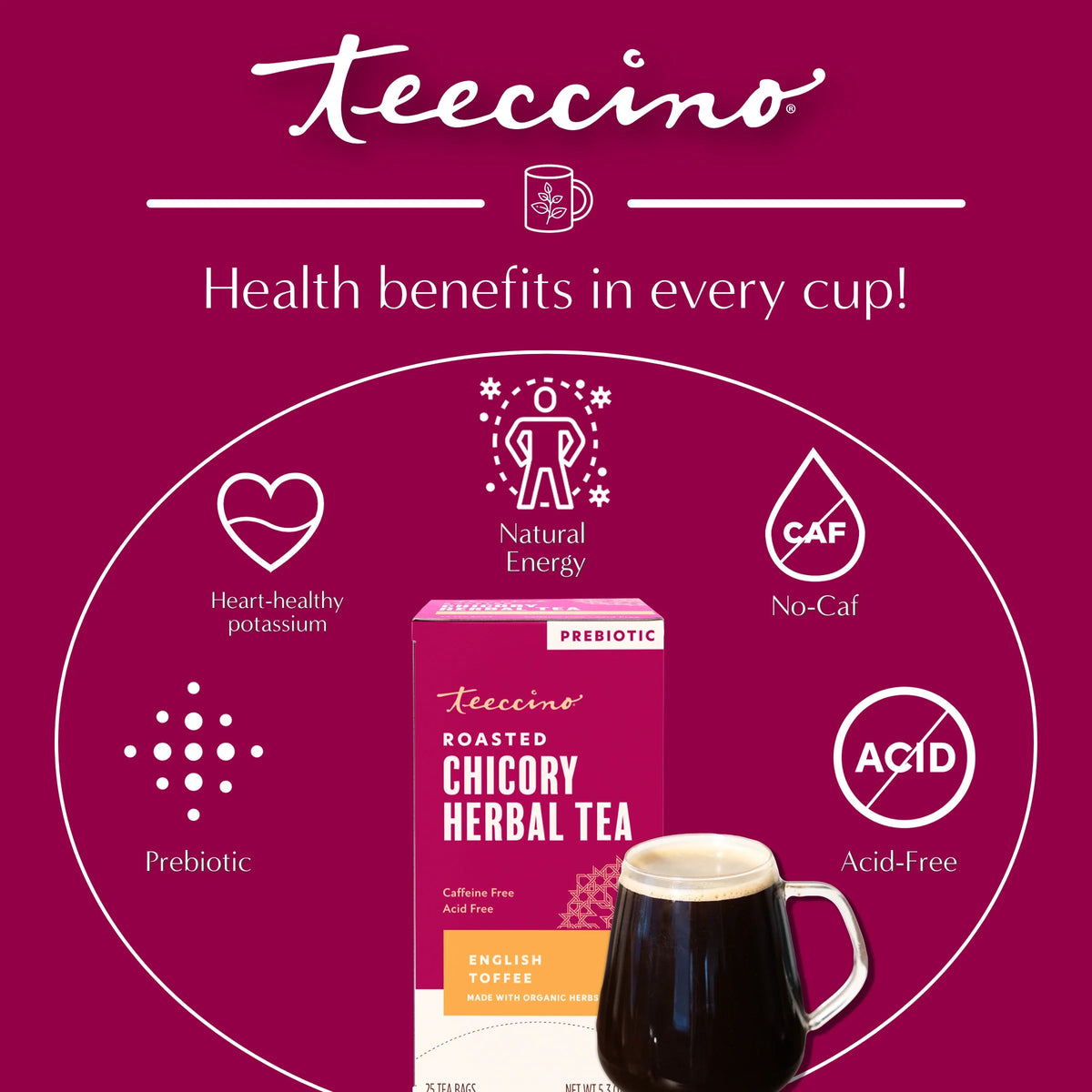 Teeccino English Toffee roasted herbal tea box with mug, acid-free